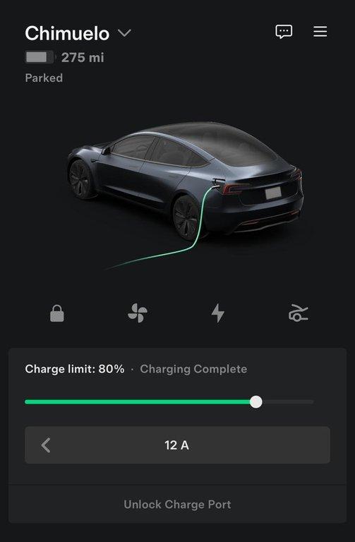 Ejemplo de Tesla Model 3 con el límite de carga configurado al 80% para uso diario